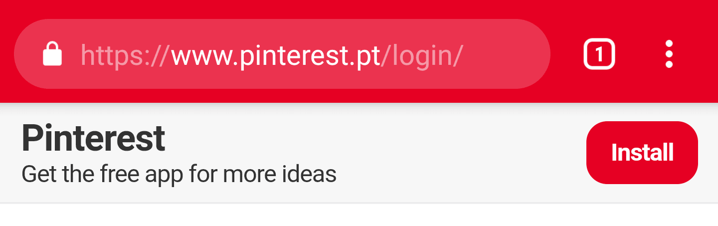 Contoh Pinterest menggunakan banner penginstalan untuk mempromosikan kemampuan penginstalan PWA mereka.