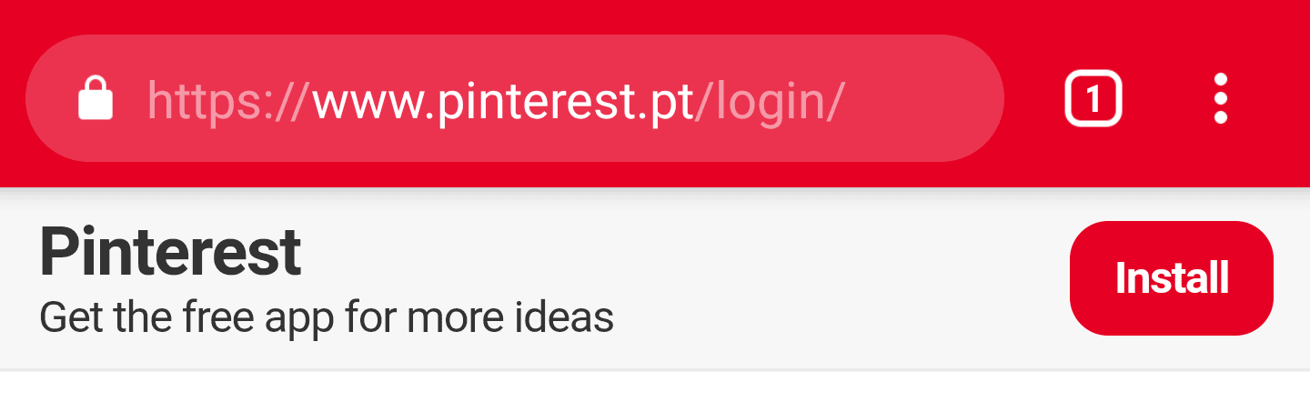 Exemplo de Pinterest usando um banner de instalação para promover a instalação
    do PWA.