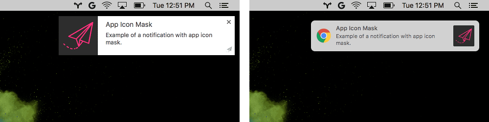 chrome.notification API の appIconMarkUrl の前と後。