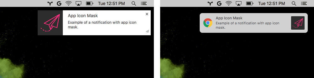 chrome.notification API'sindeki appIconMarkUrl için öncesi ve sonrası.