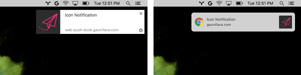 Ícones de notificação &quot;Antes e depois&quot; do Chrome no Mac exibidos pelo Chrome vs. exibidos pelo
    macOS: