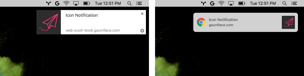 Chrome tarafından gösterilen ve macOS tarafından gösterilen Mac'te Chrome bildirim simgelerinin önceki ve sonraki hali.