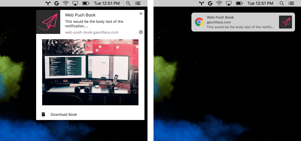 Imagem de &quot;Antes e depois&quot; da notificação do Chrome no macOS.