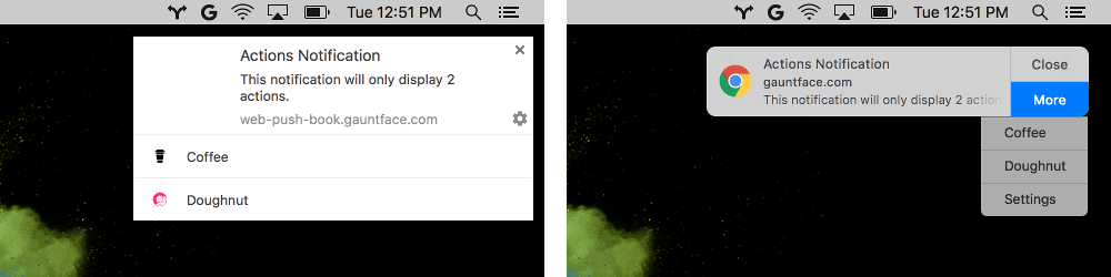 सूचना के ऐक्शन बटन के आइकॉन, Chrome और macOS पर दिखने से पहले और बाद के फ़ोटो.