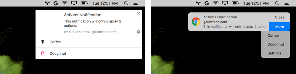 Antes e depois dos botões de ação de notificação com ícones exibidos por
    Chrome x exibido pelo macOS.
