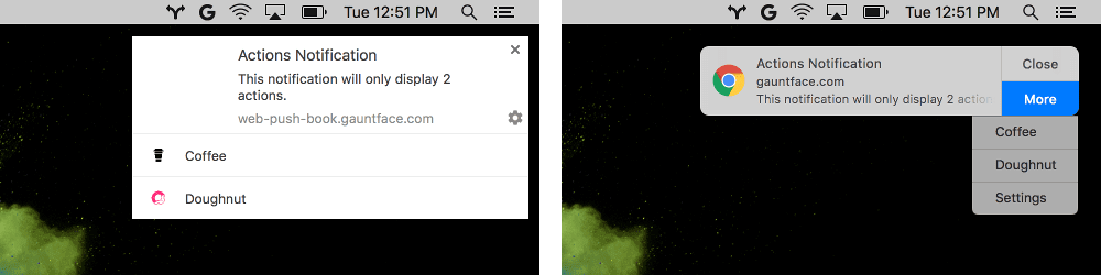 Sebelum dan setelah tombol tindakan notifikasi dengan ikon yang ditampilkan oleh
    Chrome vs. yang ditampilkan oleh macOS.