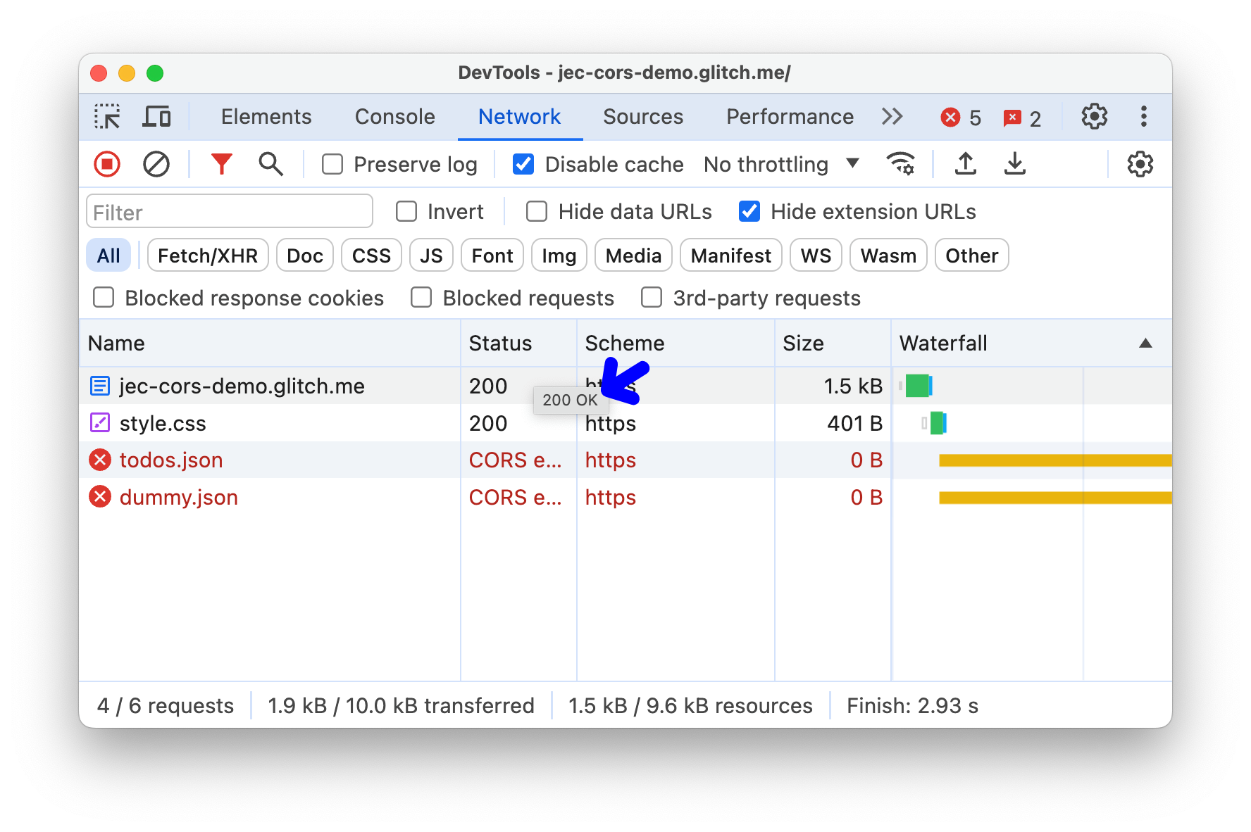 Dica que aparece quando o ponteiro está sobre o código de status.