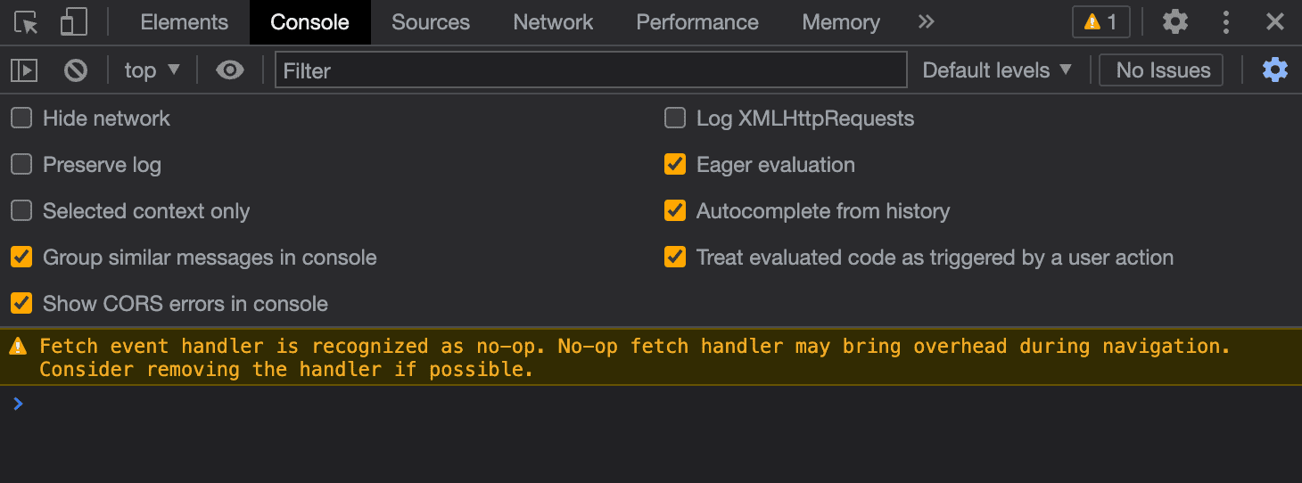 DevTools'da boş servis çalışanı getirme işleyicileri için uyarılar.