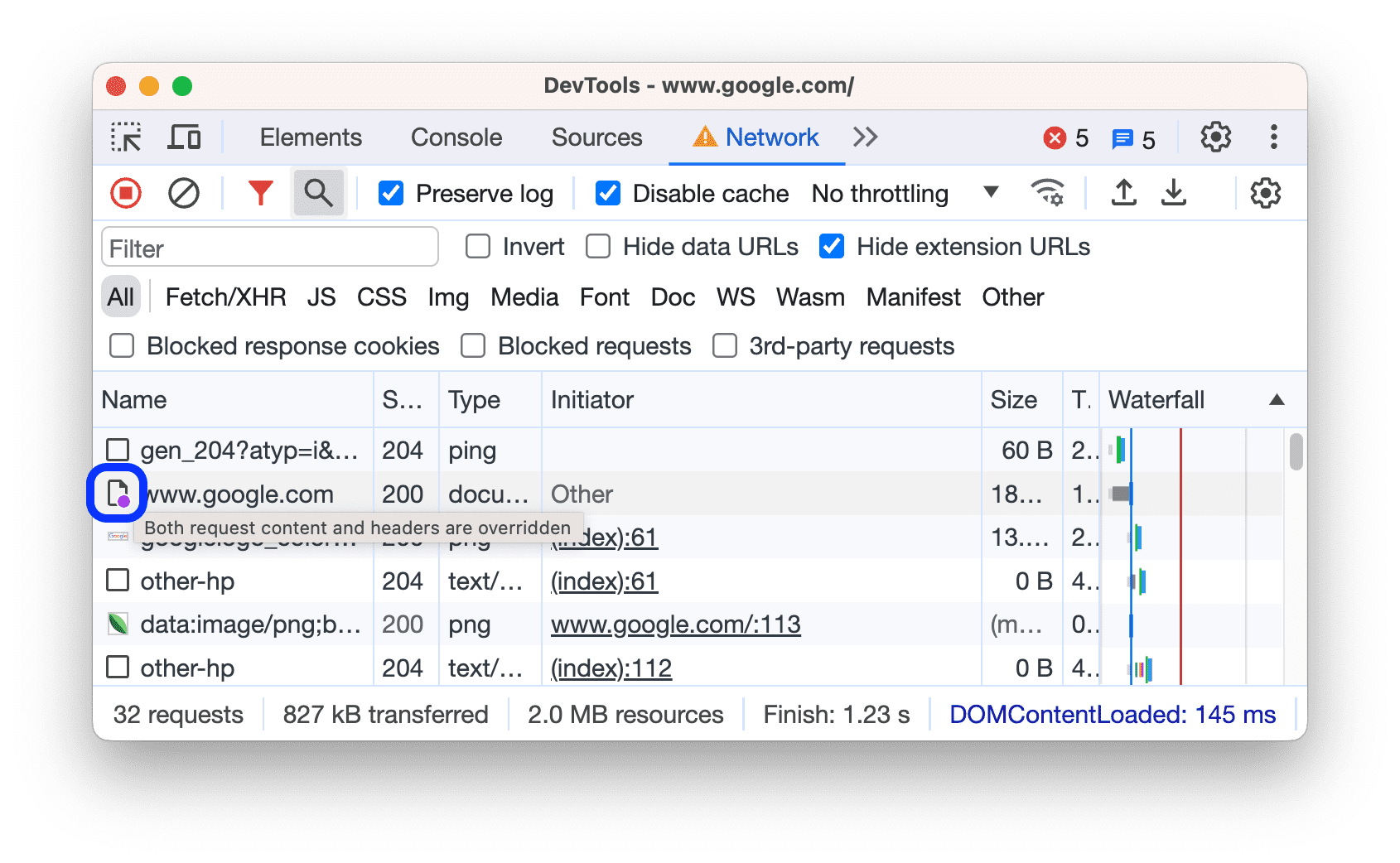 Ein Überschreibungssymbol neben einer Anfrage im Bereich „Network“ (Netzwerk).