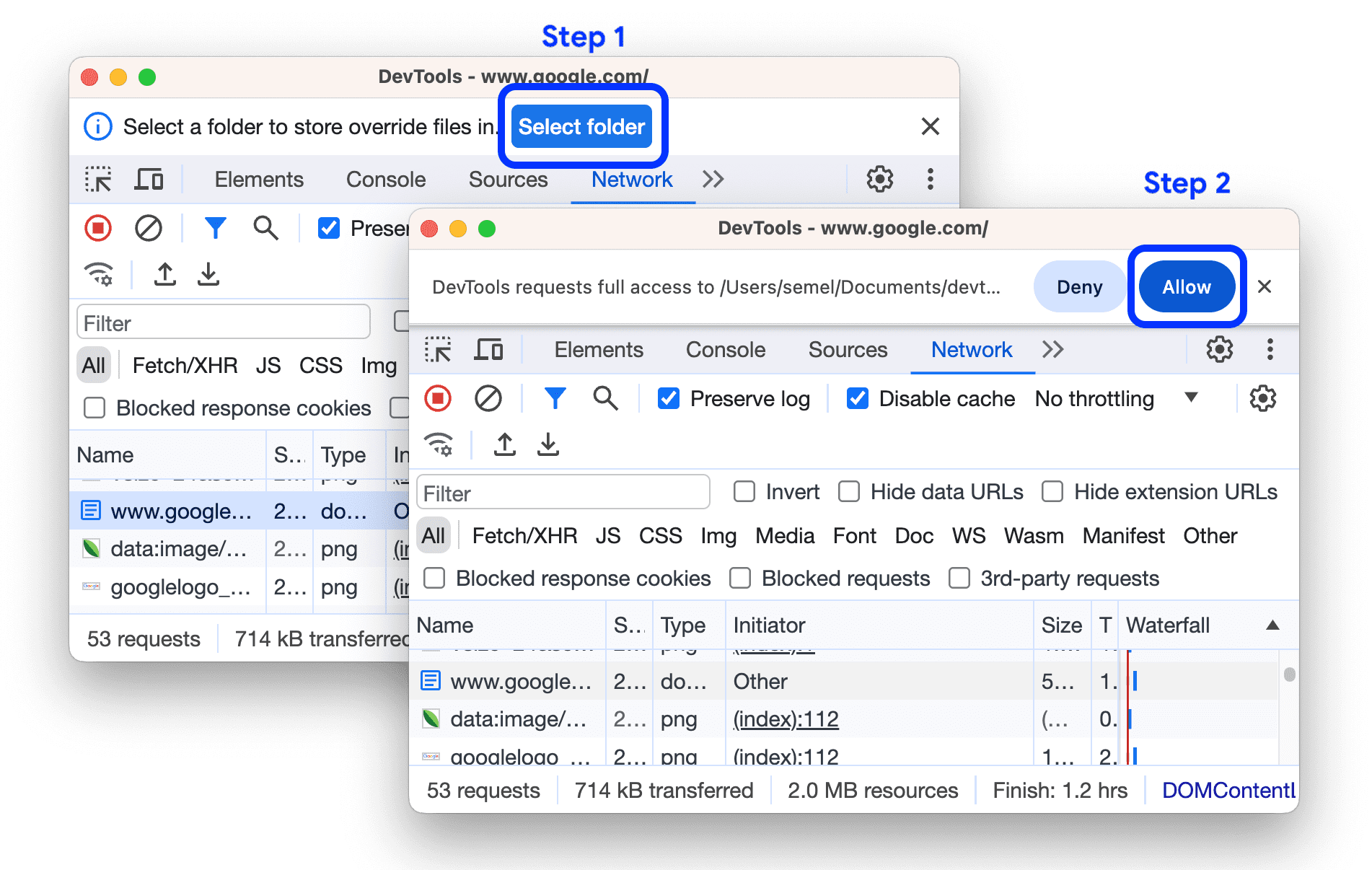 Sélectionnez un dossier et autorisez-y l'accès dans la barre d'action en haut de l'écran.