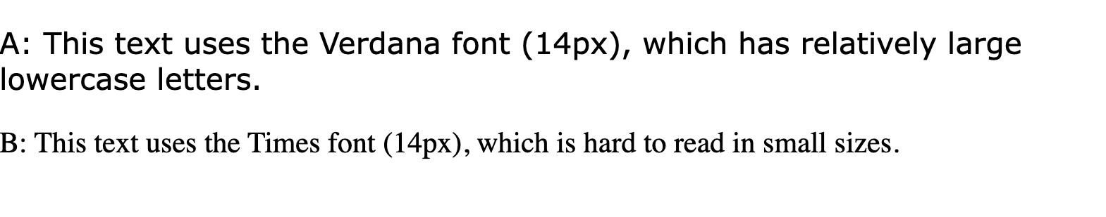 「このテキストでは、比較的大きな小文字を使用した Verdana フォント（14 px）を使用しています」と「このテキストでは、小さいサイズでは読みにくい Times フォント（14 px）を使用しています」というテキスト行