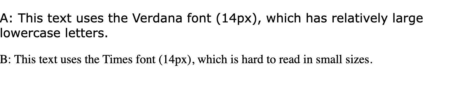 「This text using the verdana font (14px, the verdana font, that has the ファイルの十分な小文字の小文字が使われています。14px)」というテキスト行「Times フォント（14 ピクセル）を使用しているため、小さいサイズでは読みにくい」など