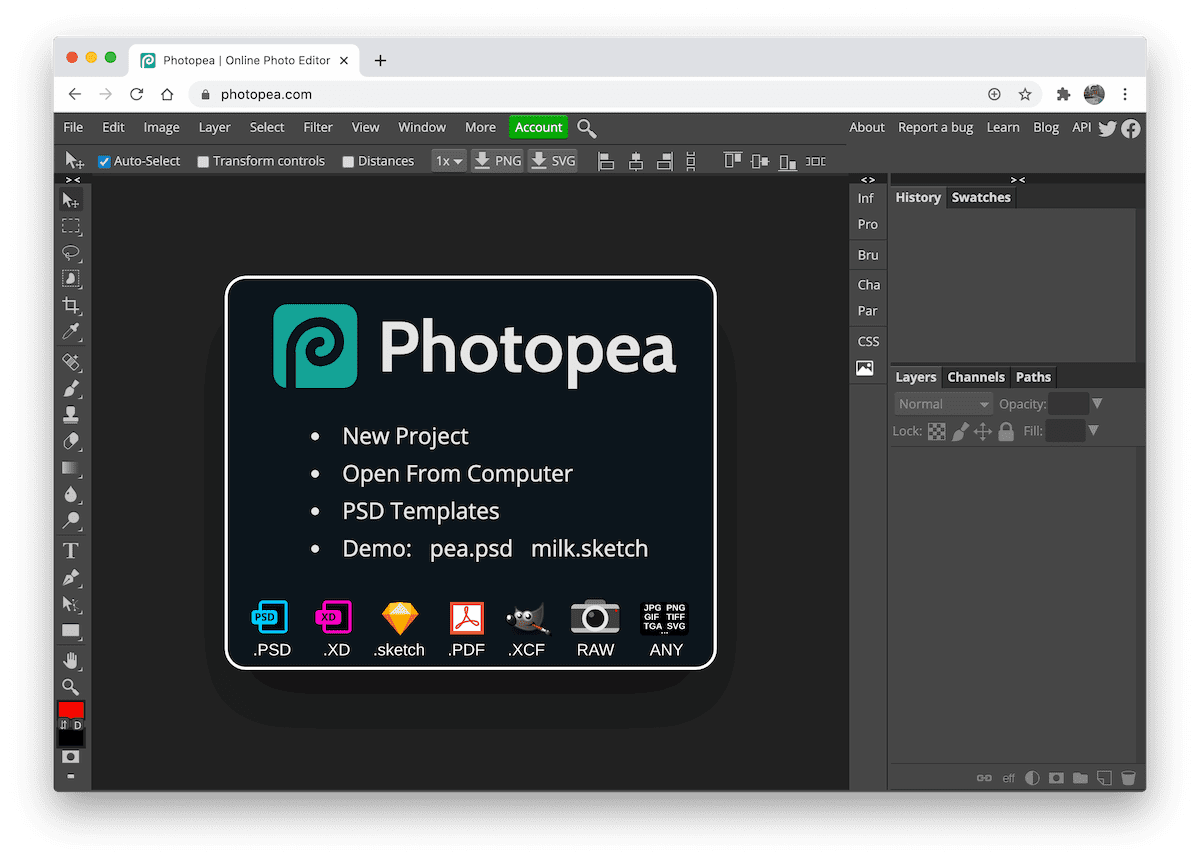 Screenshot dell'editor di immagini Photopea