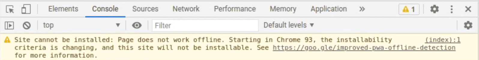 DevTools showing warning message in Console.