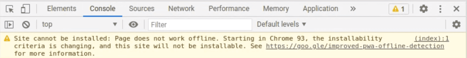 DevTools mostrando uma mensagem de aviso no Console.