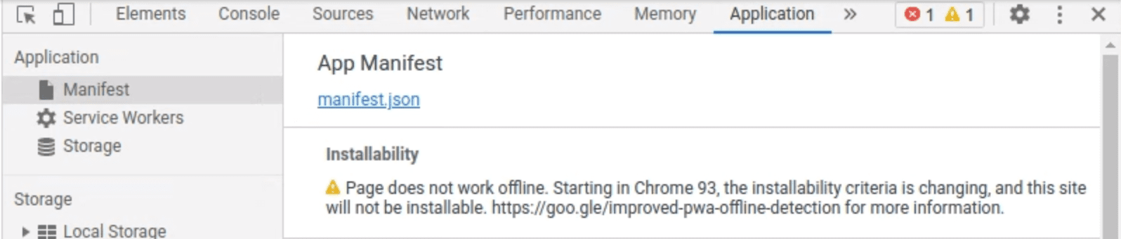 DevTools mostrando uma mensagem de aviso na guia &quot;Application&quot;.