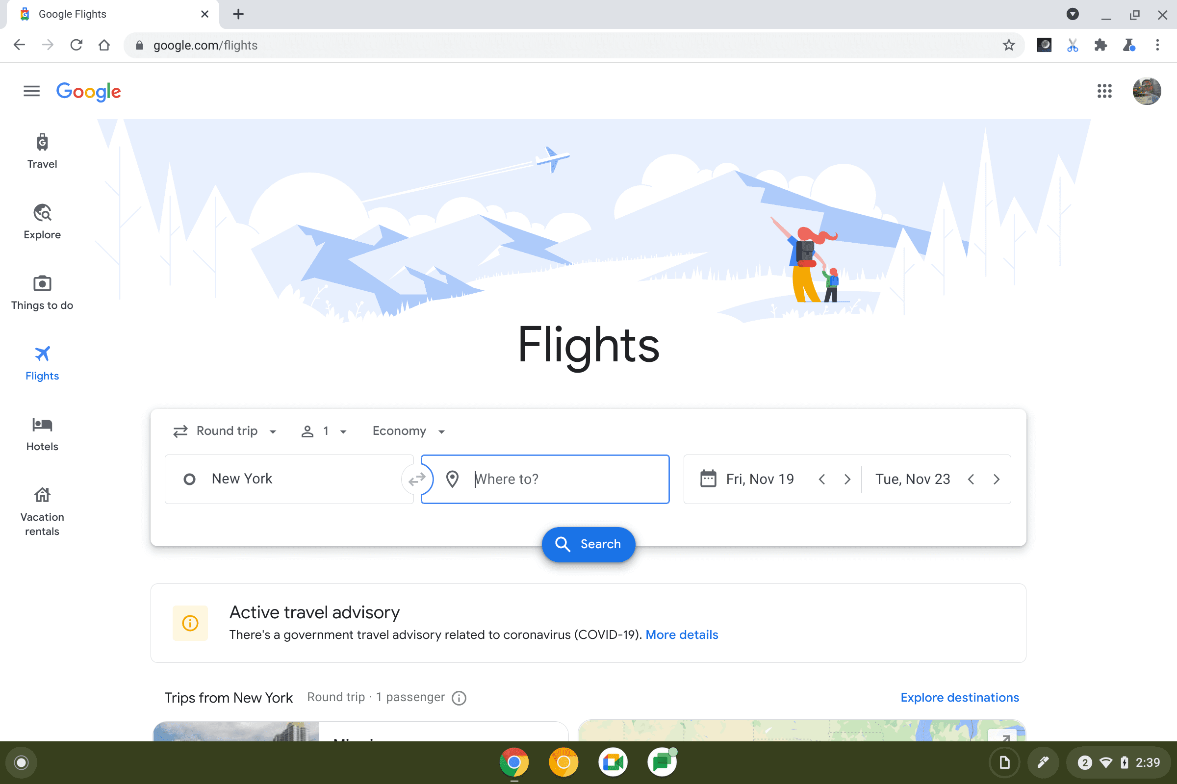Screenshot von Google Flüge mit großem Hintergrundbild