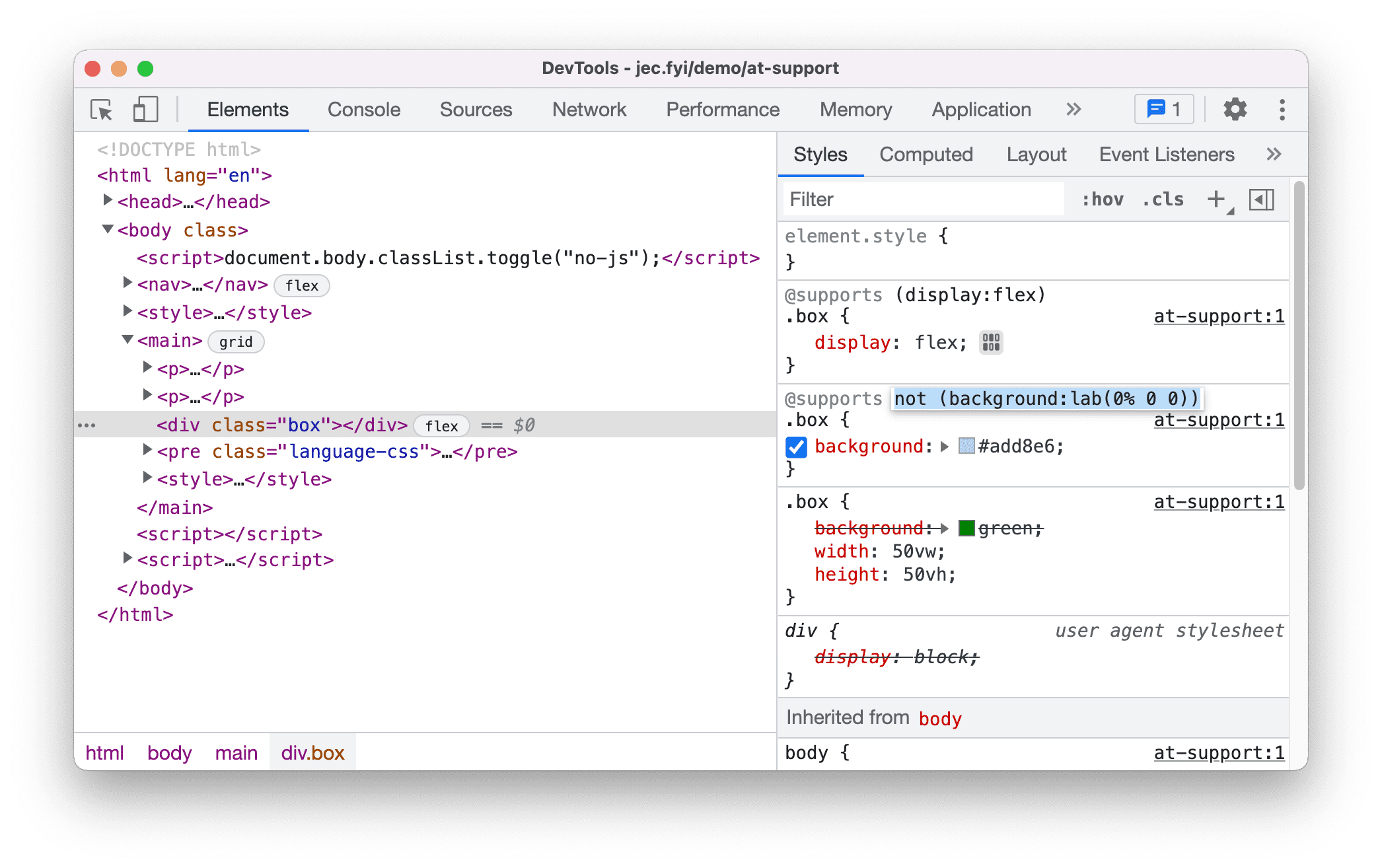 Cómo ver y editar reglas @supports