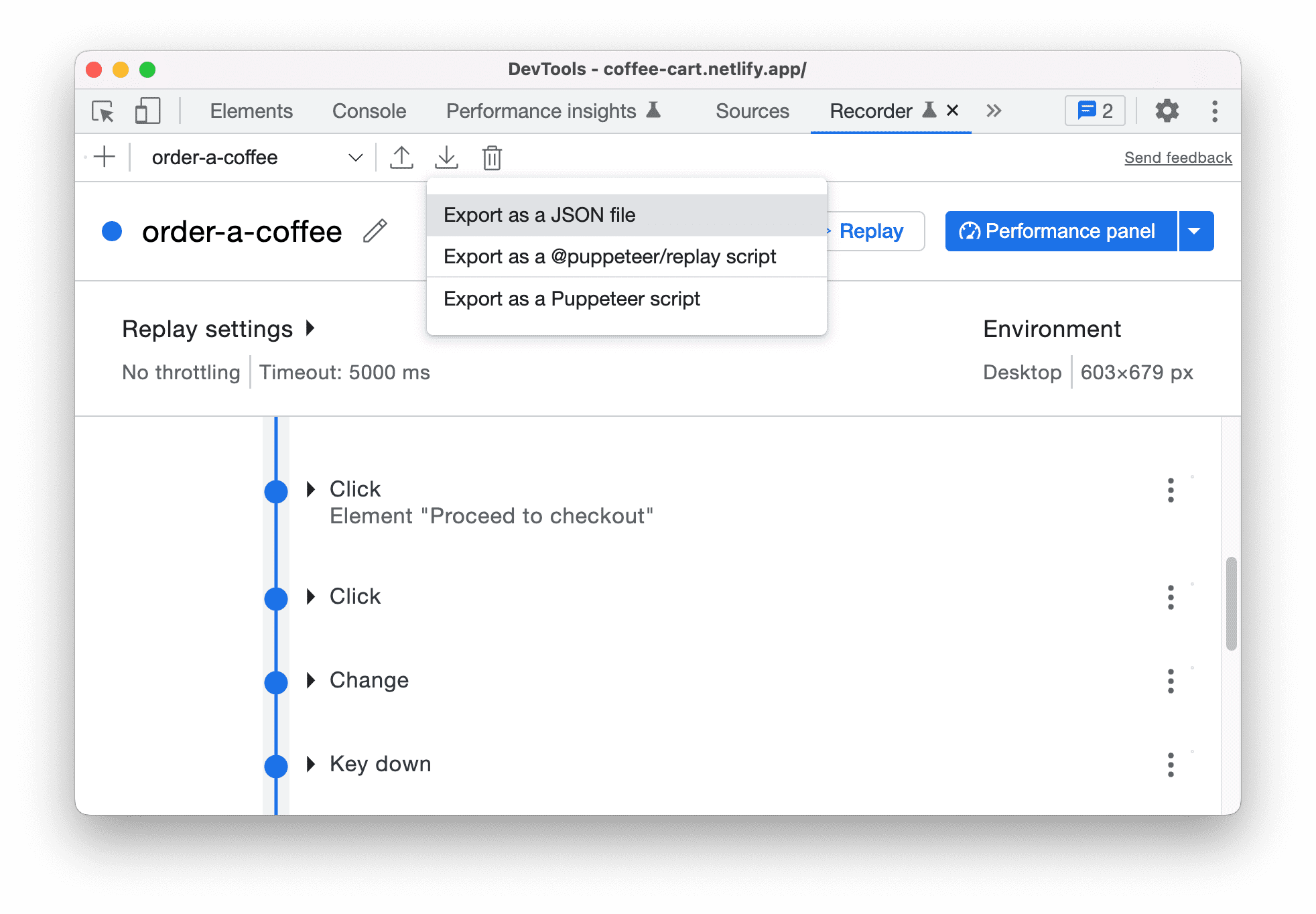 Export options in the Recorder panel