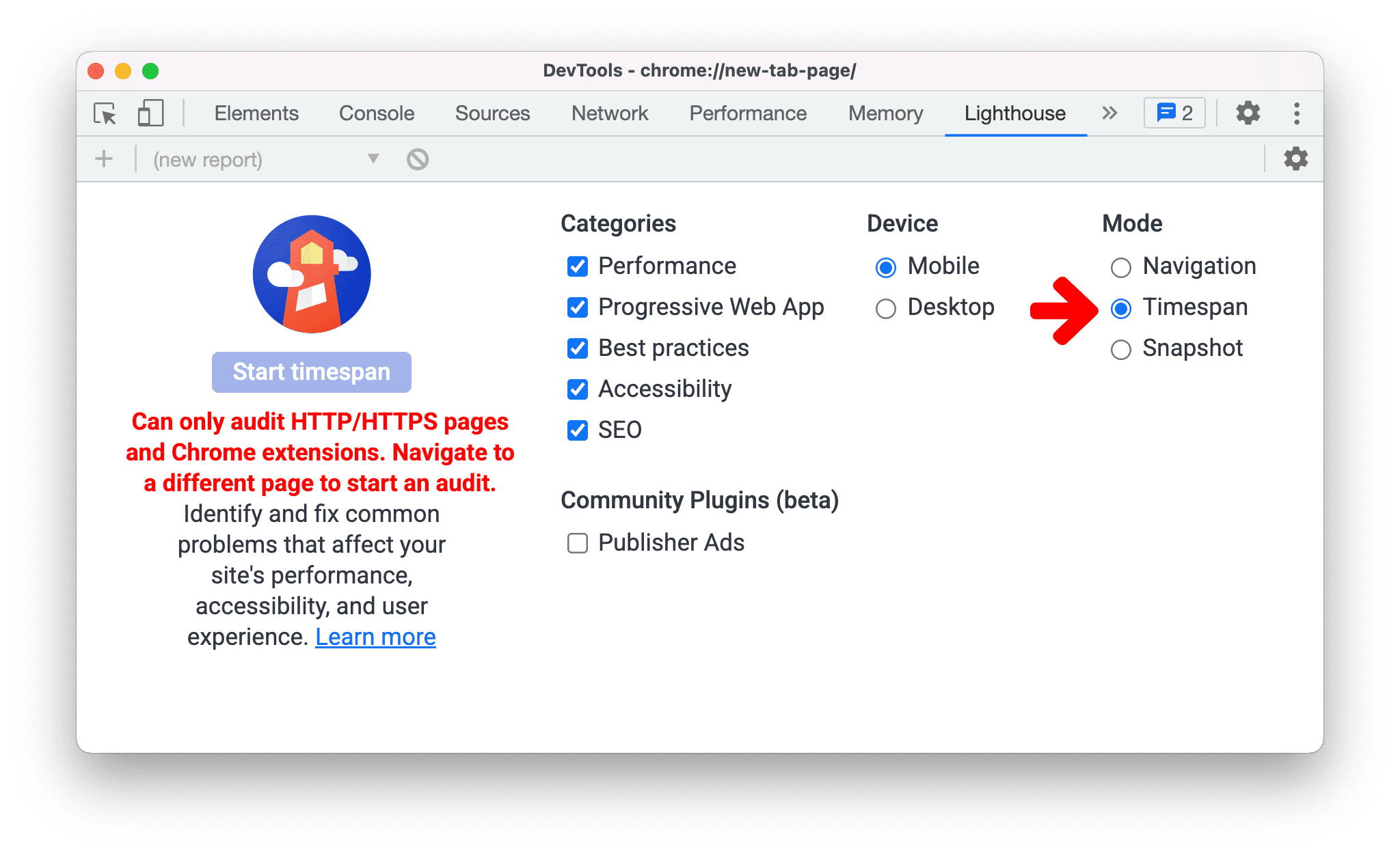 Mode rentang waktu dan snapshot di panel Lighthouse
