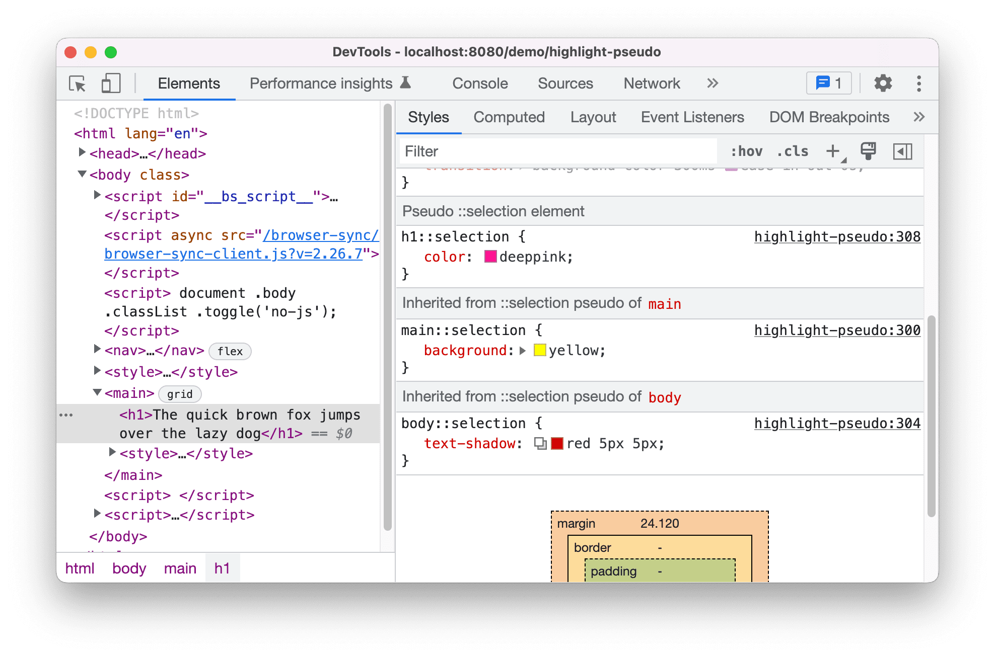 Wyświetlanie odziedziczonych pseudoelementów wyróżnienia w okienku Style
