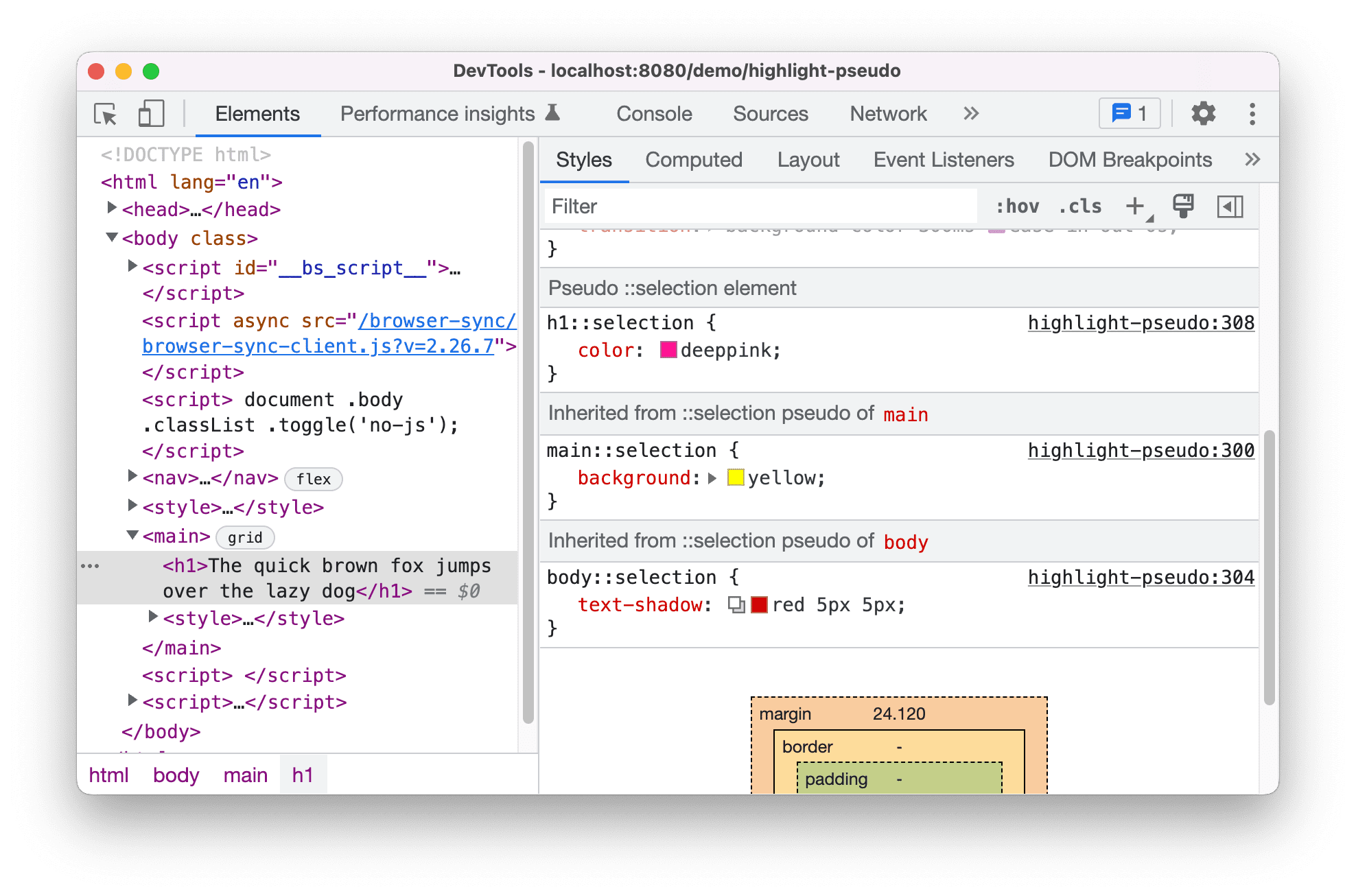 Display inherited highlight pseudo-elements in the Styles pane