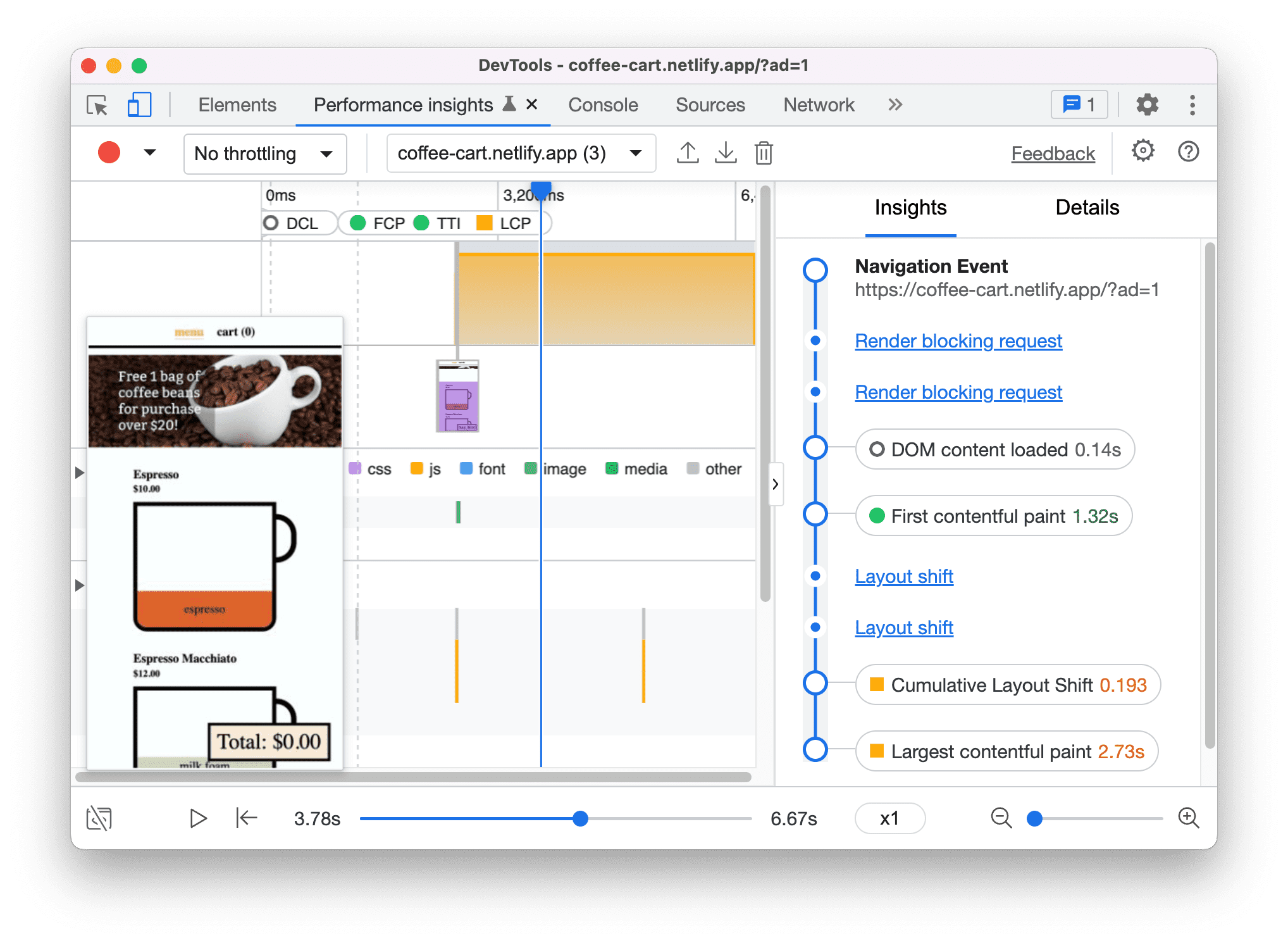 Novo painel &quot;Insights de desempenho&quot;