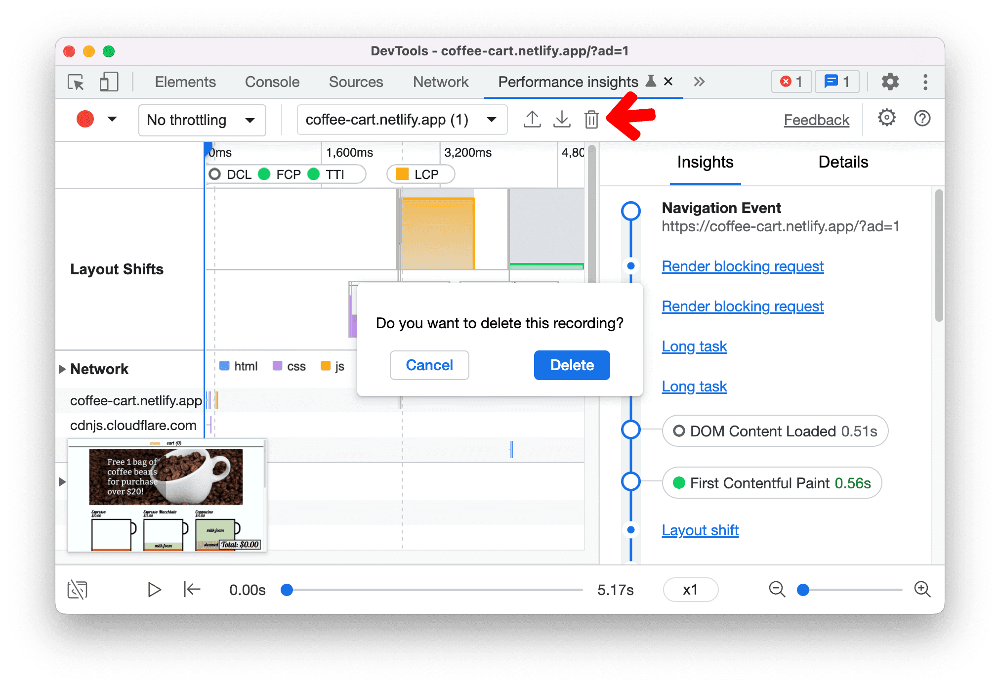 Mengonfirmasi penghapusan rekaman performa