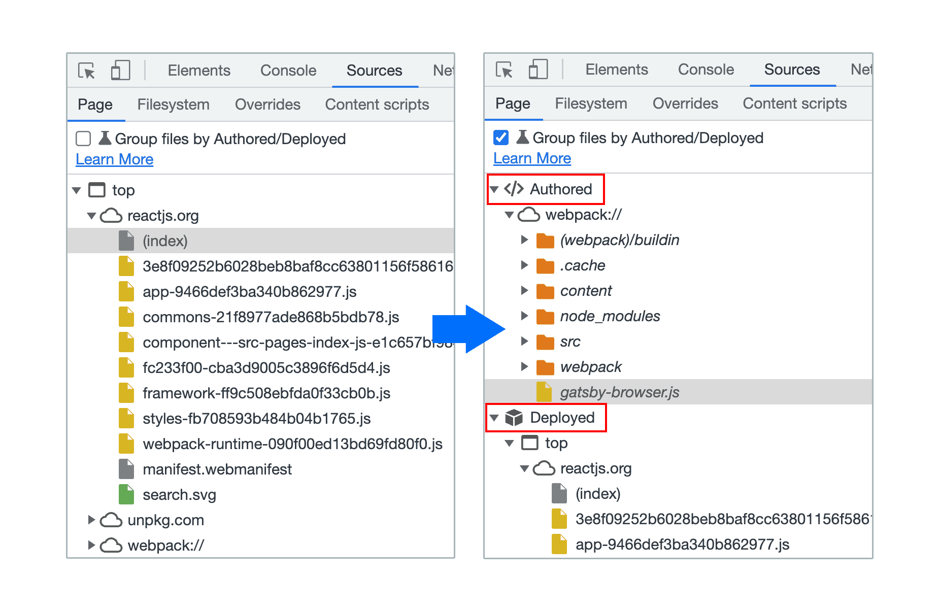 Kelompokkan file menurut Authored / Di-deploy di panel Sumber