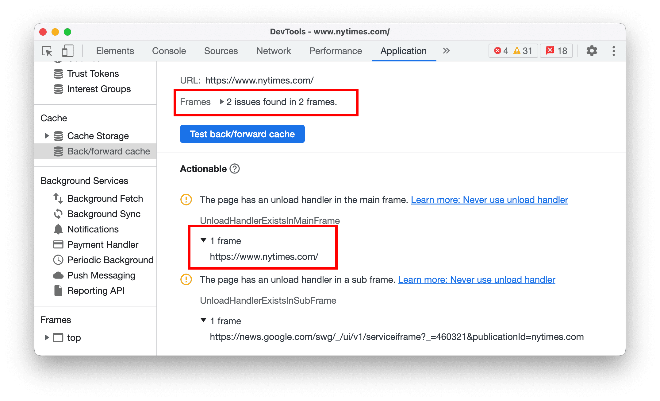 Identificar frames de bloqueio no painel Cache de avanço e retorno