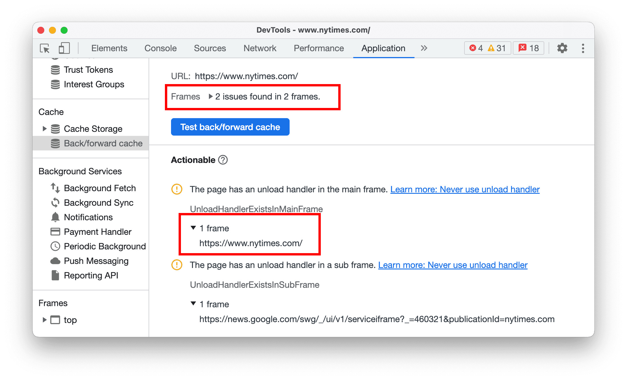 Identyfikowanie ramek blokujących w panelu Pamięć podręczna stanu strony internetowej