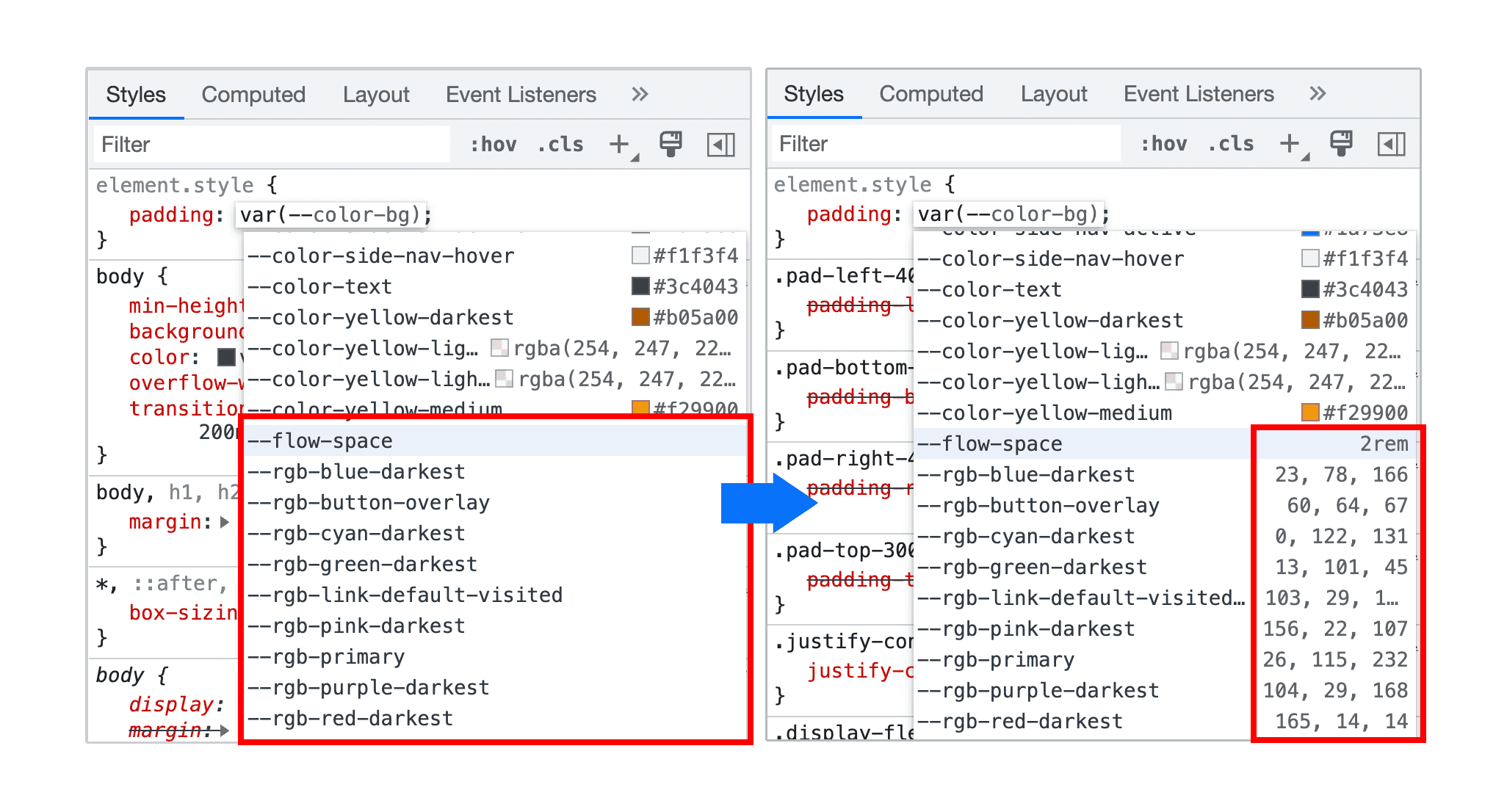 Visualizza l&#39;anteprima del valore non relativo al colore durante il completamento automatico delle variabili CSS