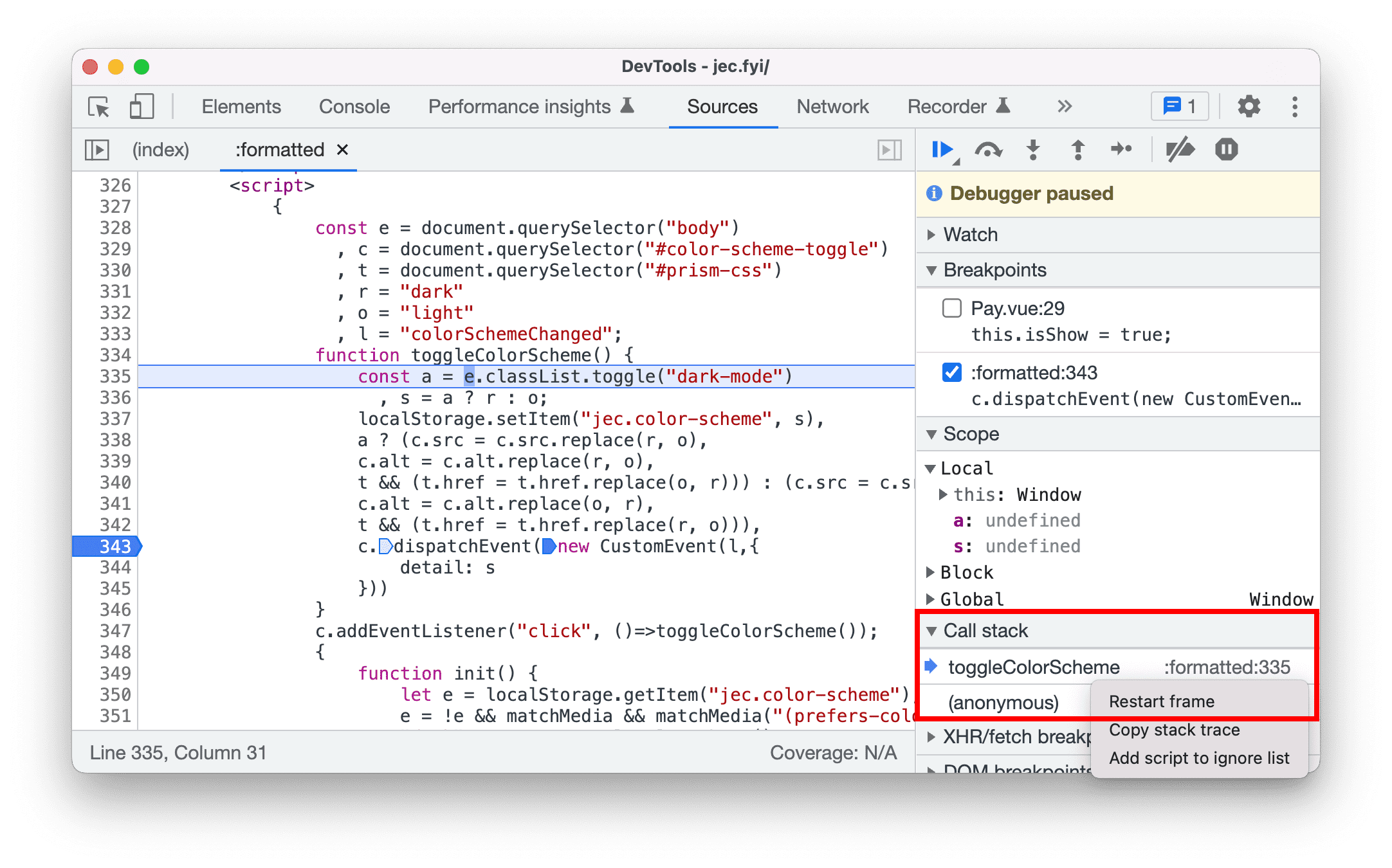 Memulai ulang frame selama proses debug