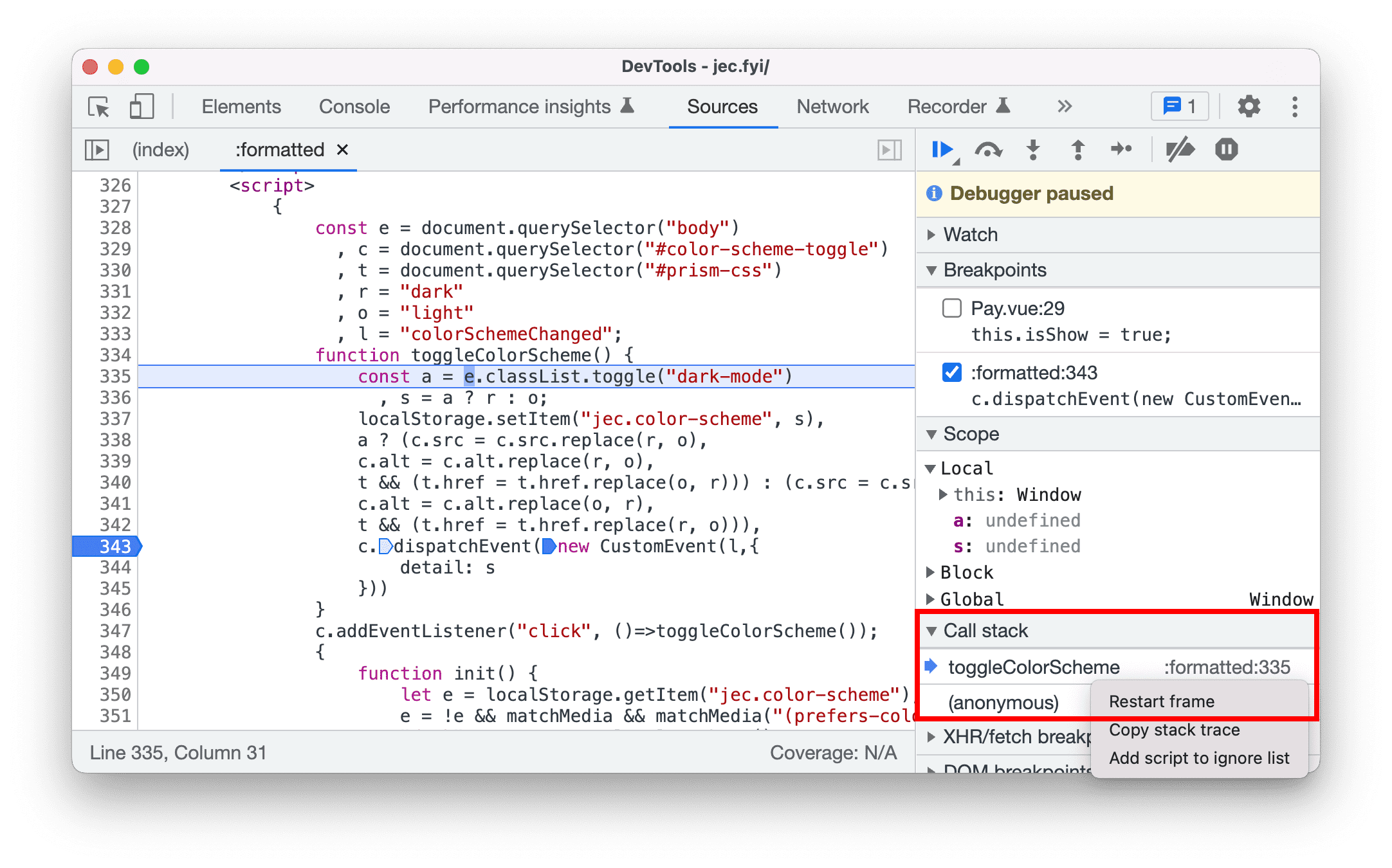Frame während des Debuggens neu starten