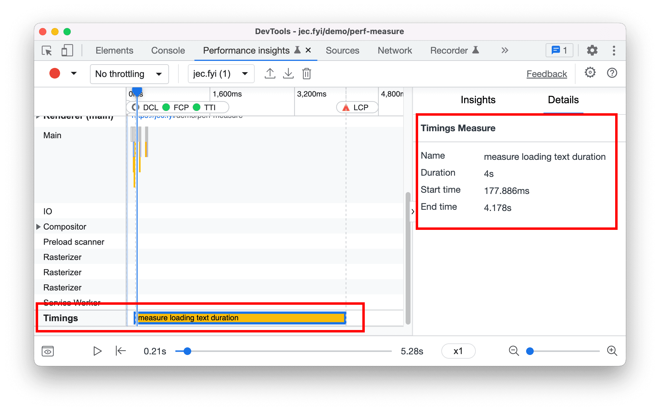 User Timings track in the Performance insights panel