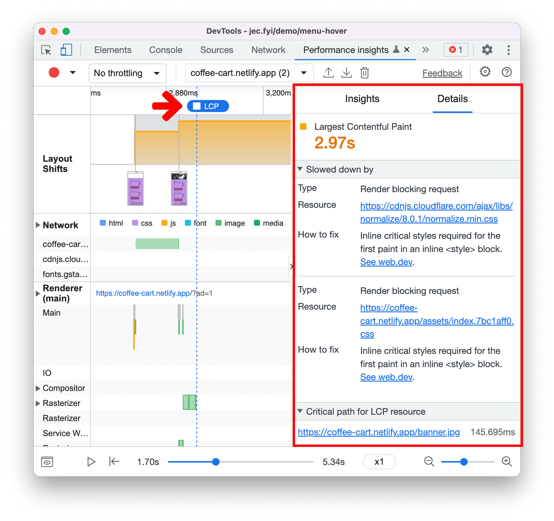 LCP dans le panneau "Informations sur les performances"