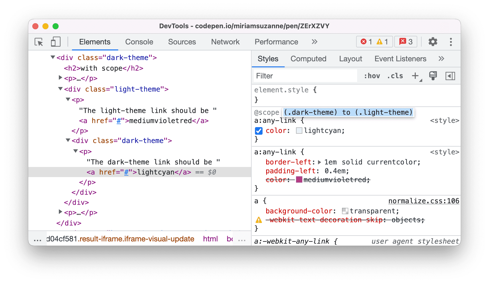 「樣式」窗格中的 @scope 規則