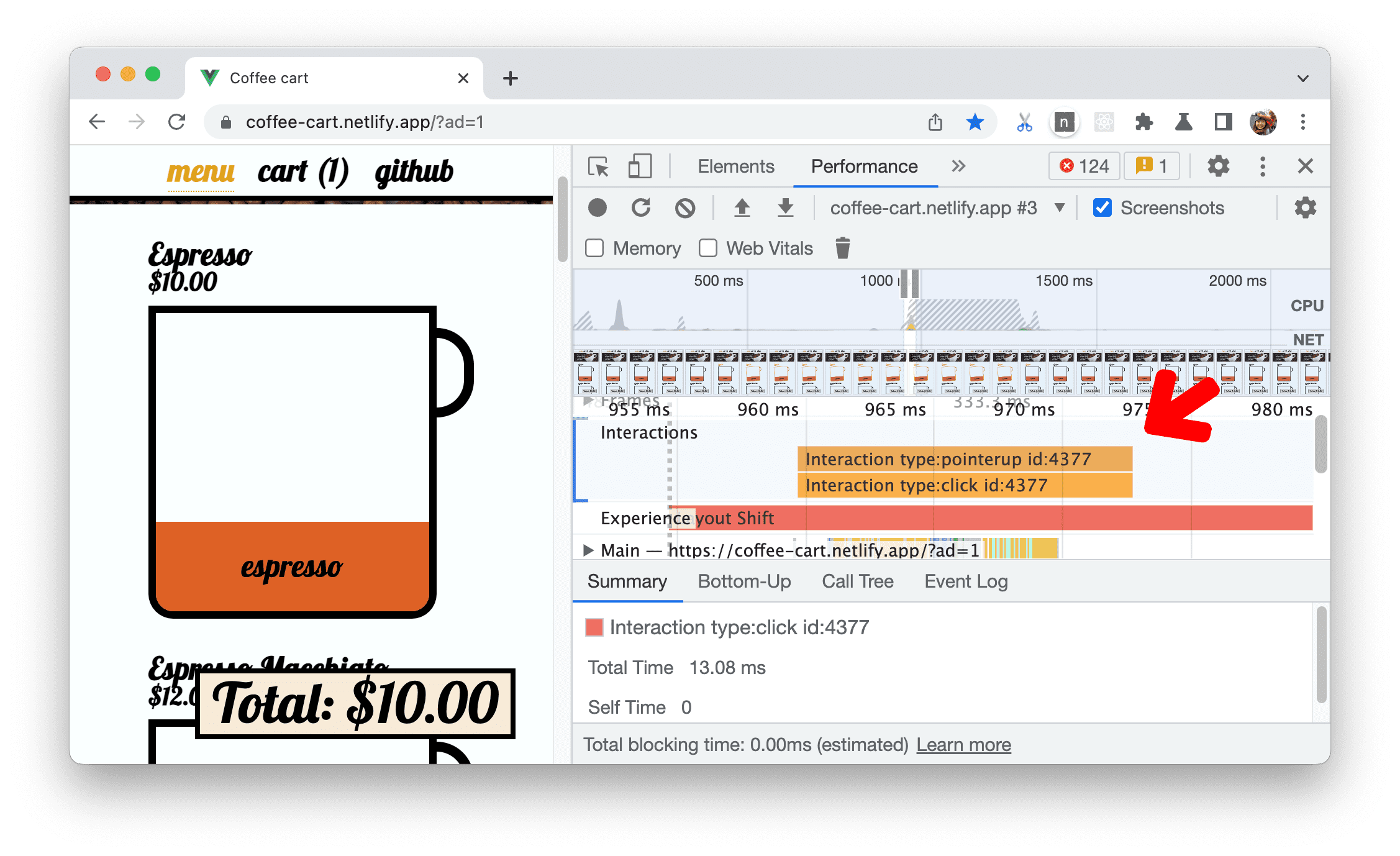 การติดตามการโต้ตอบในแผงประสิทธิภาพ