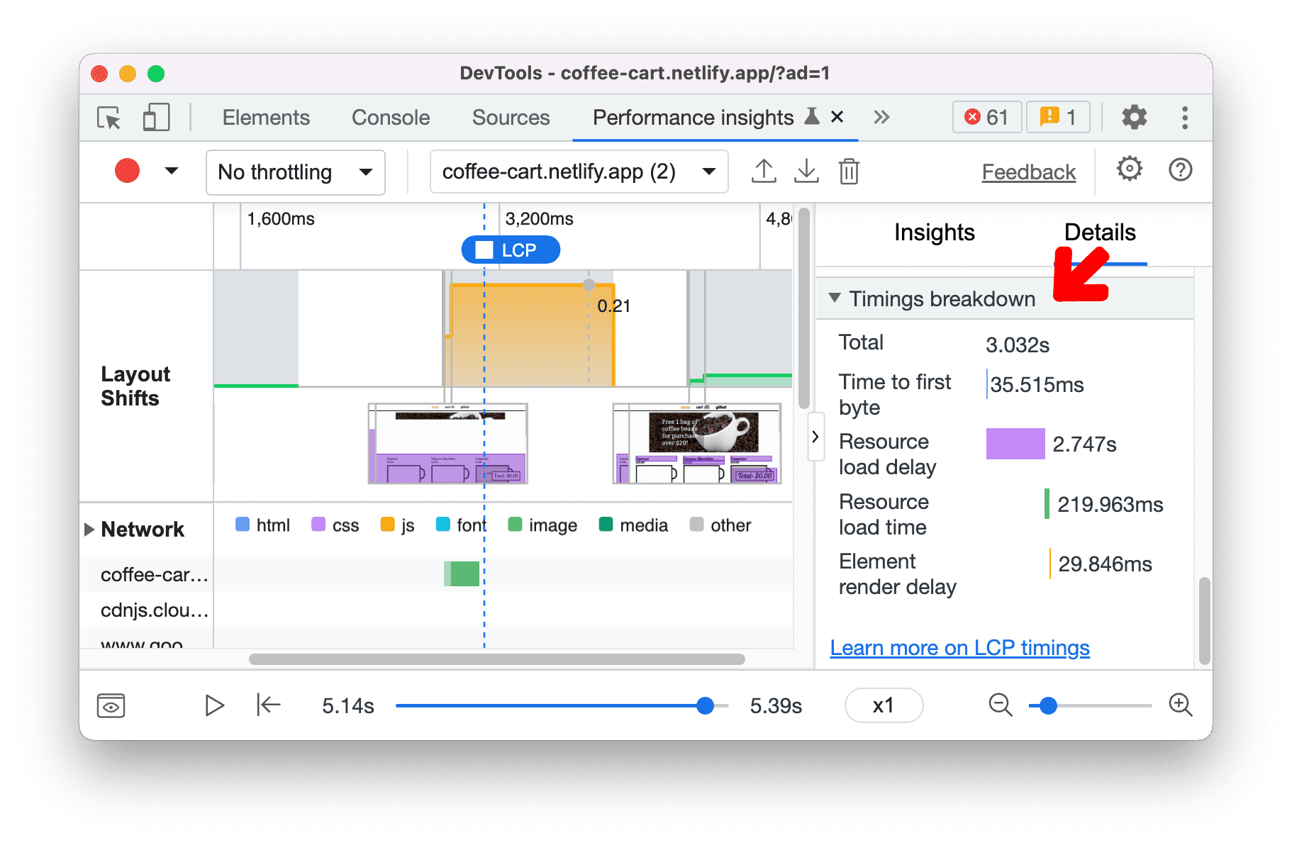 פירוט של תזמוני LCP בחלונית Performance Insights