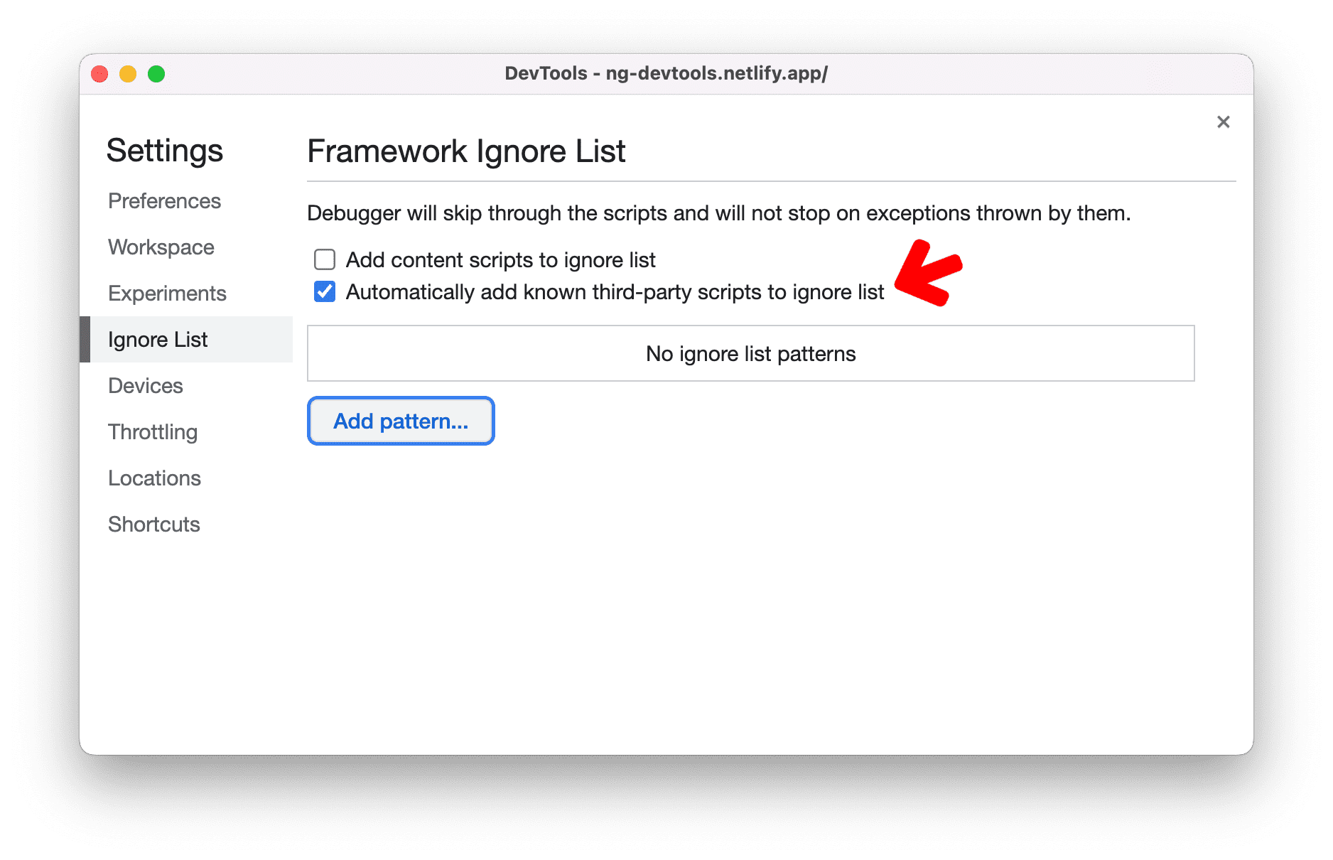 Instelling om bekende scripts van derden automatisch toe te voegen aan de negeerlijst