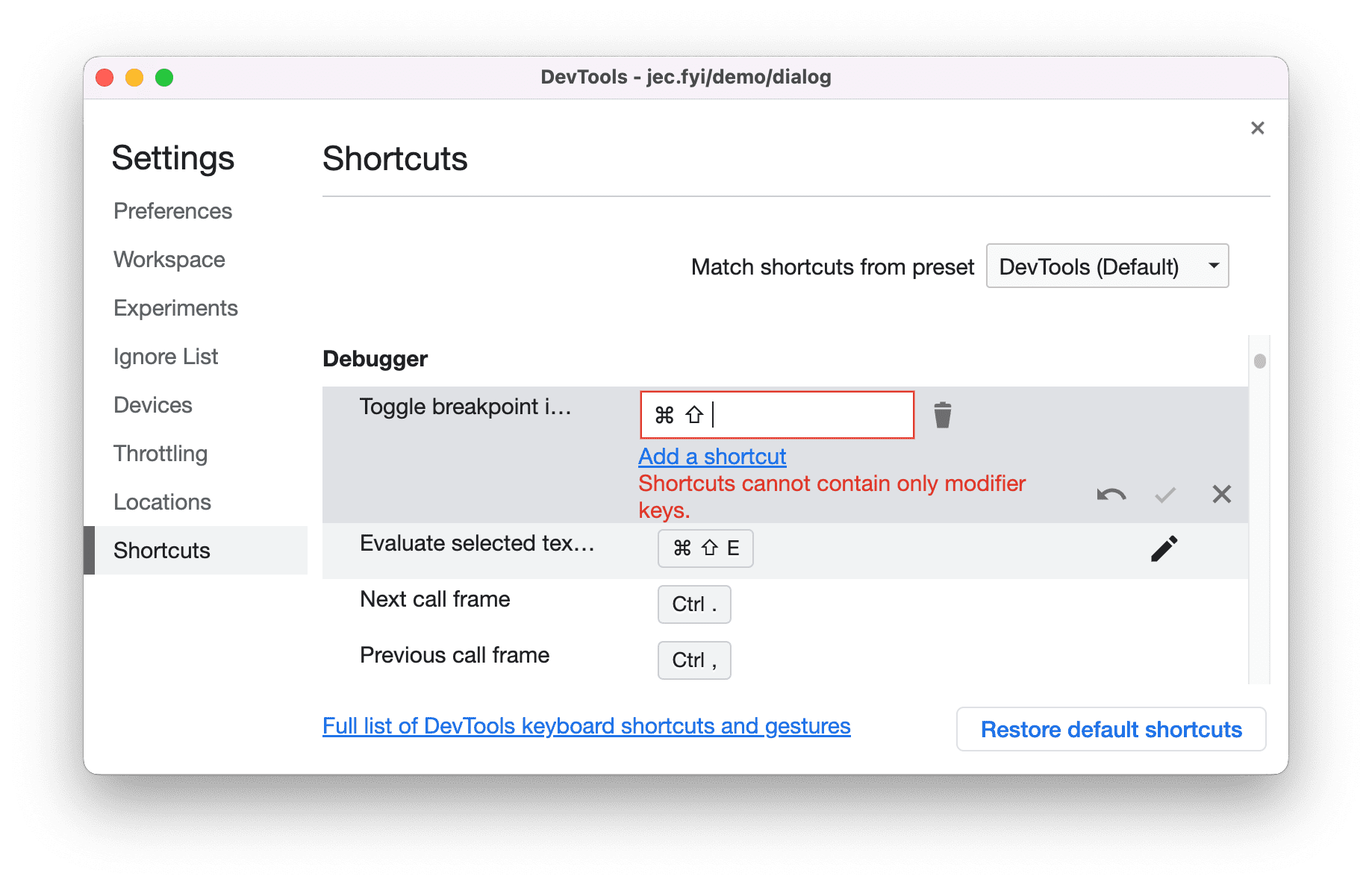 ปรับแต่งแป้นพิมพ์ลัดใน DevTools