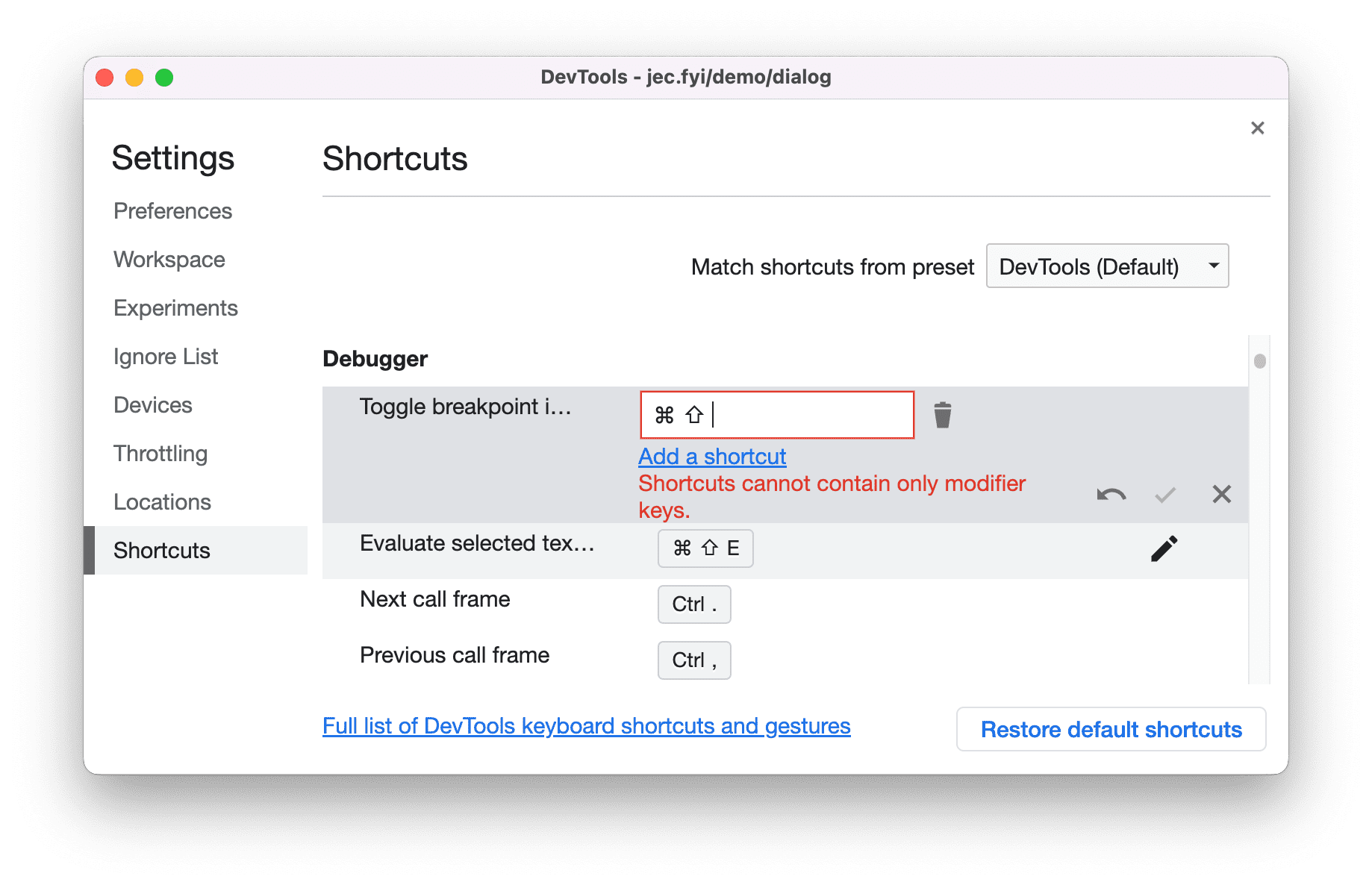 Personalizza le scorciatoie da tastiera in DevTools.