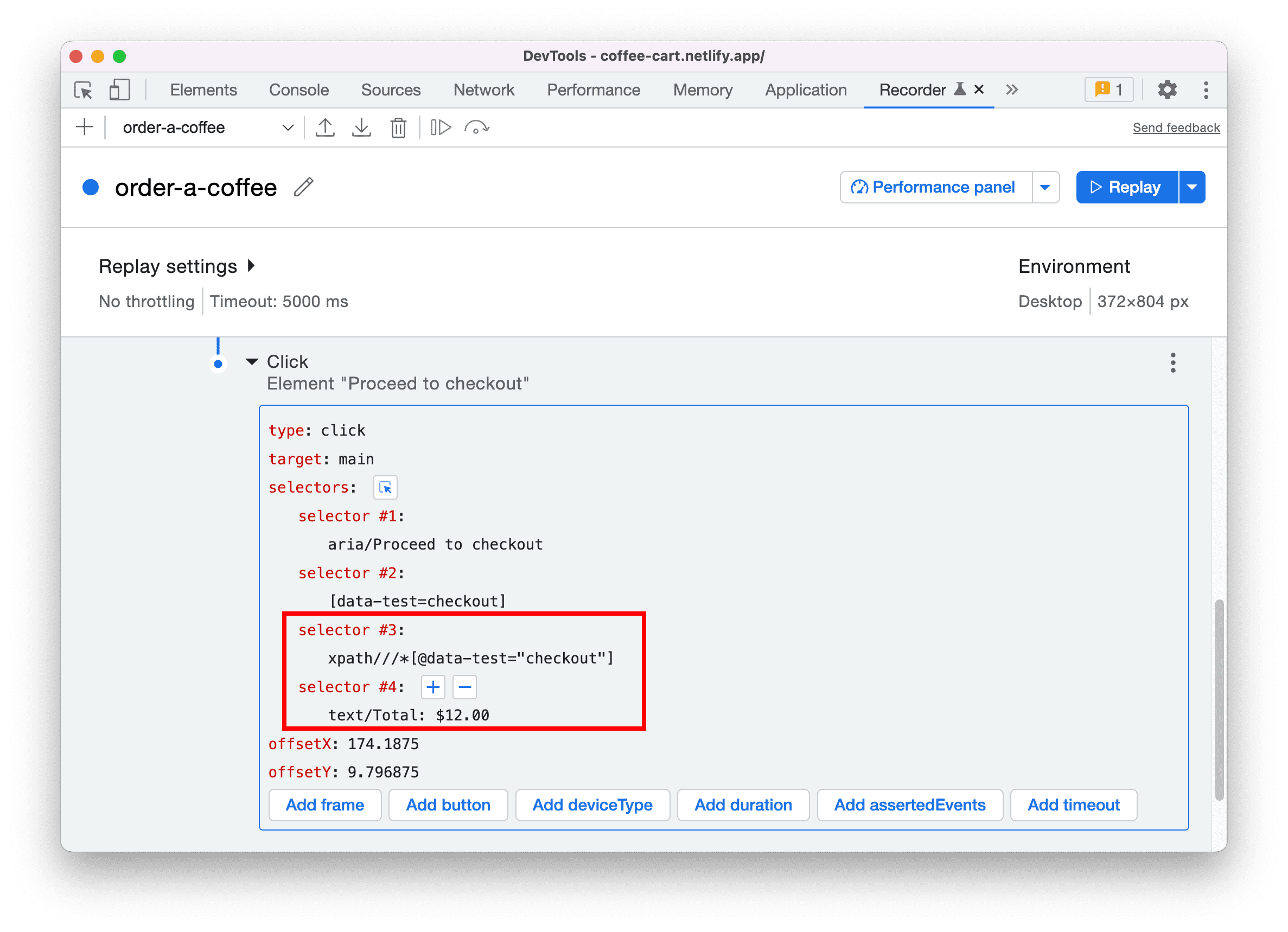 Selectores de XPath y texto en el panel de Grabadora