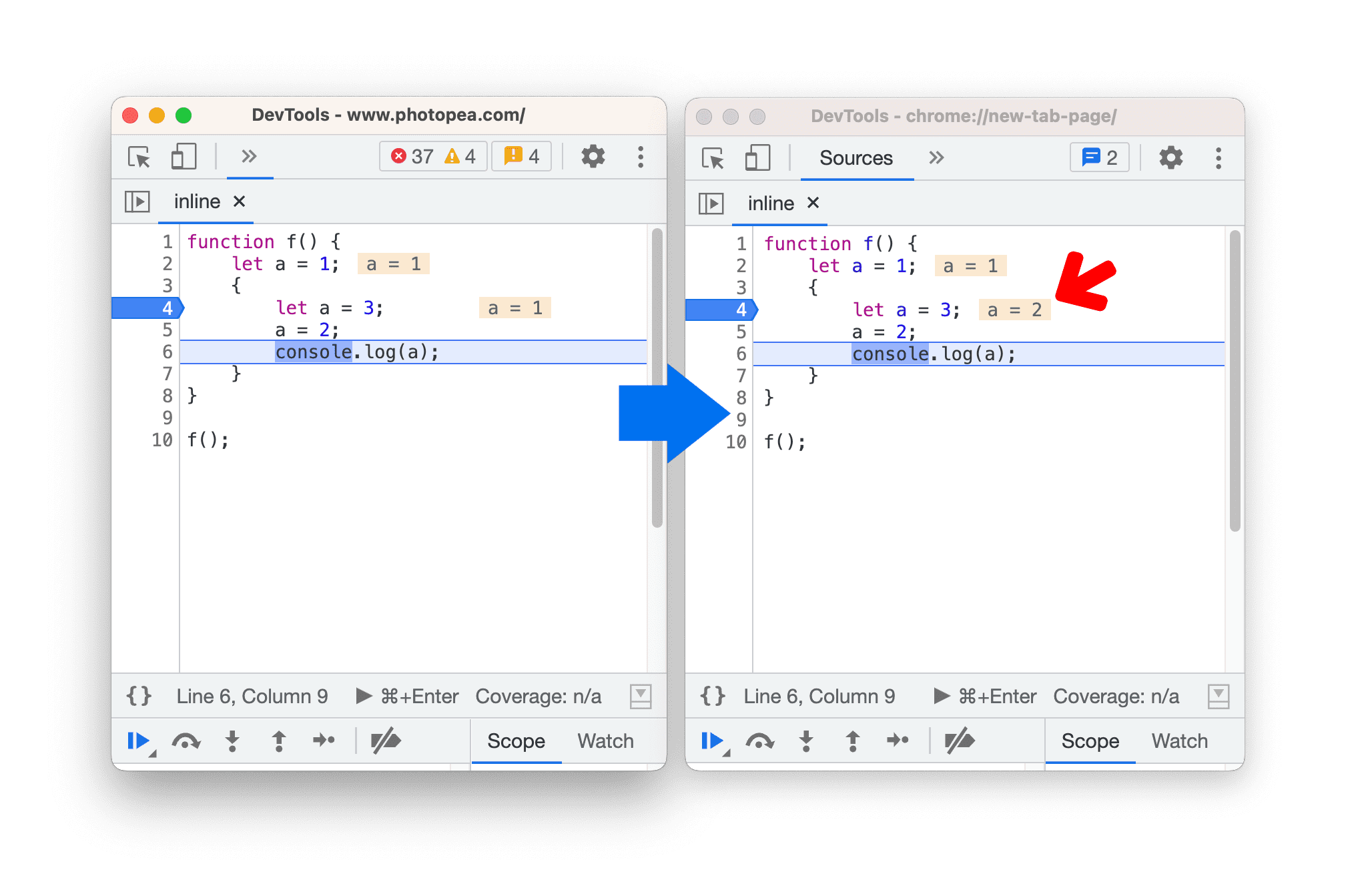 Inline-Vorschau vor und nach dem Vergleich für verdeckte Variable anzeigen.