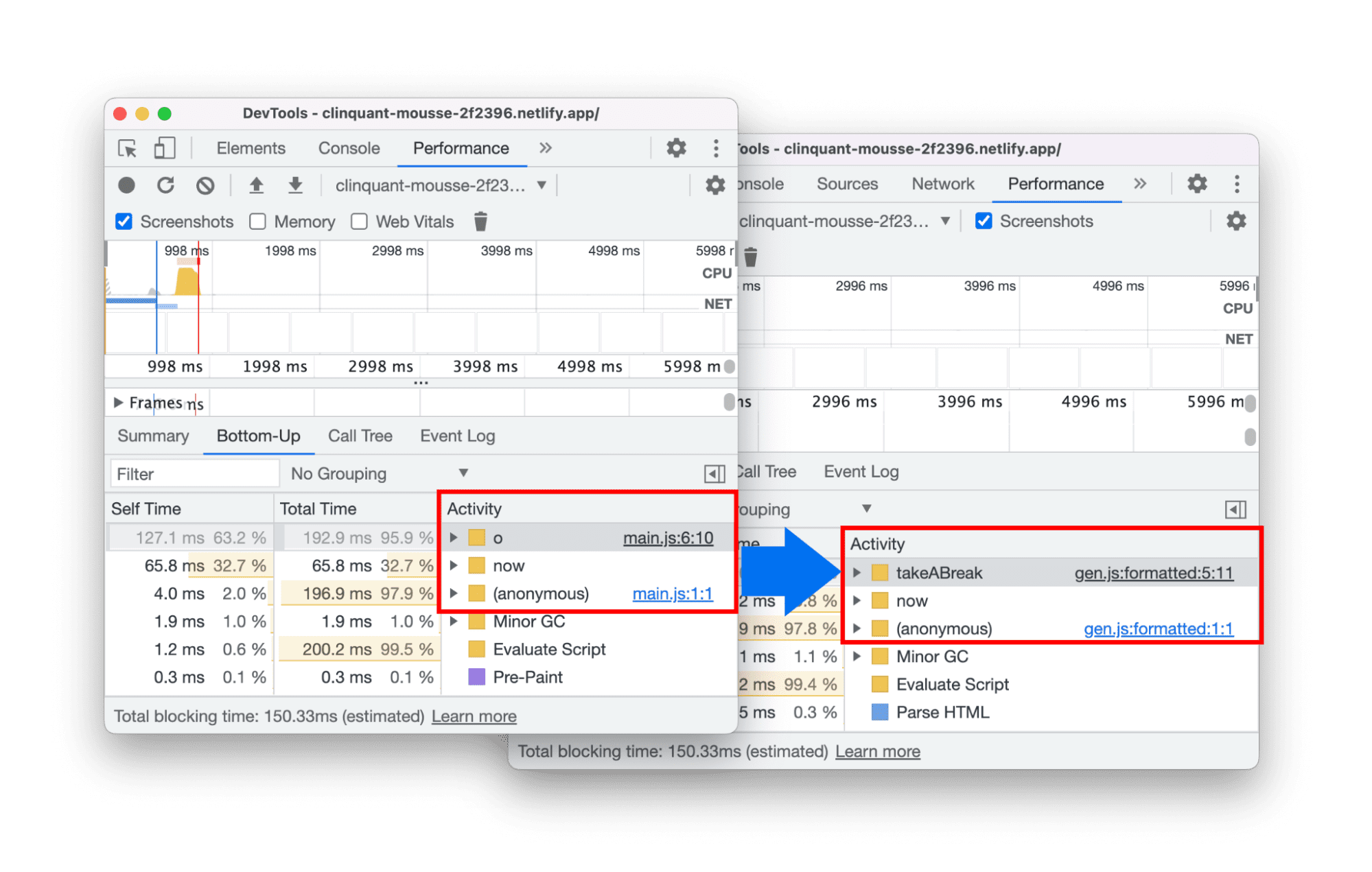 Show before and after comparison of function names display in the Performance panel.