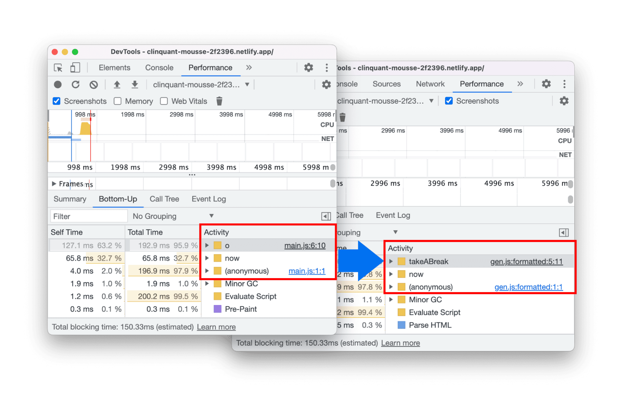 パフォーマンス パネルに表示される関数名の変更前後の比較を表示します。