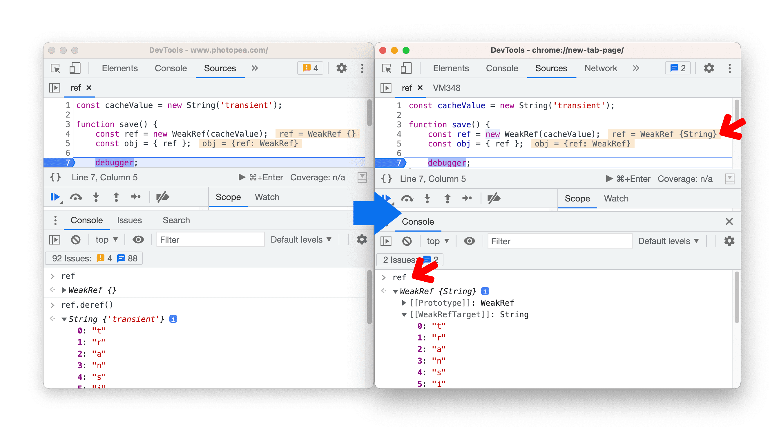 Mostrar a comparação de antes e depois da avaliação de WeakRef durante a depuração.