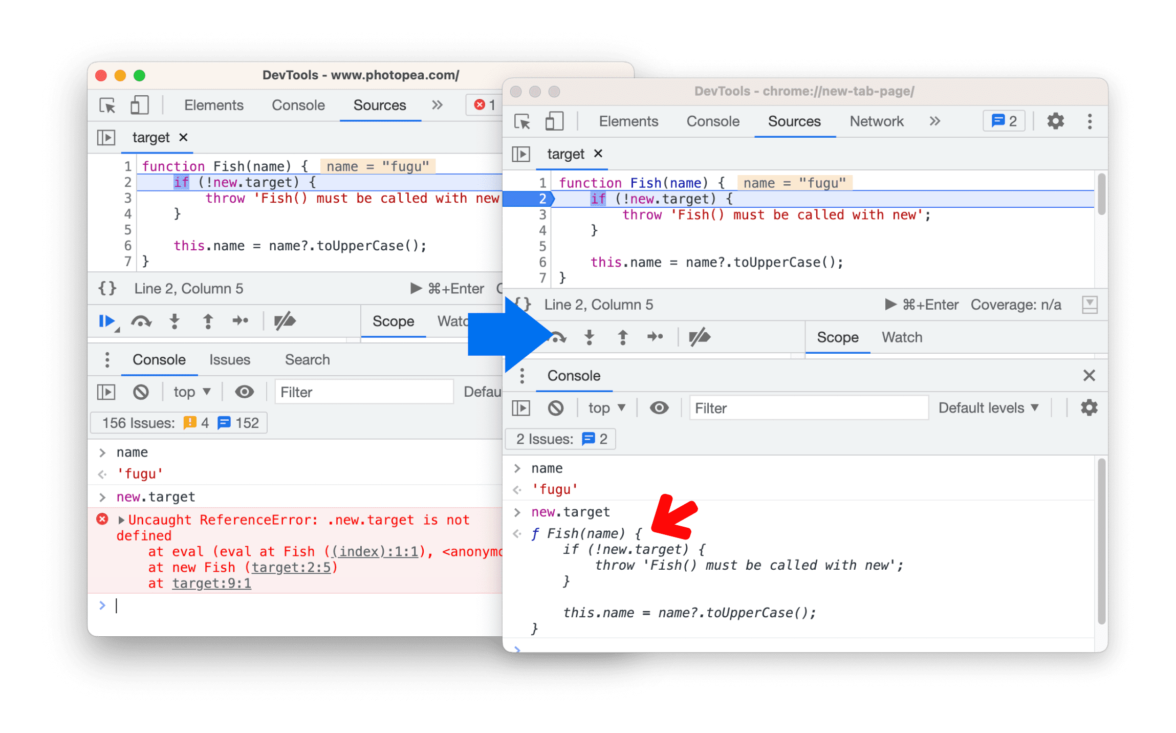 Zeigt den Vorher-Nachher-Vergleich des Debuggings für die Auswertung von new.target an.