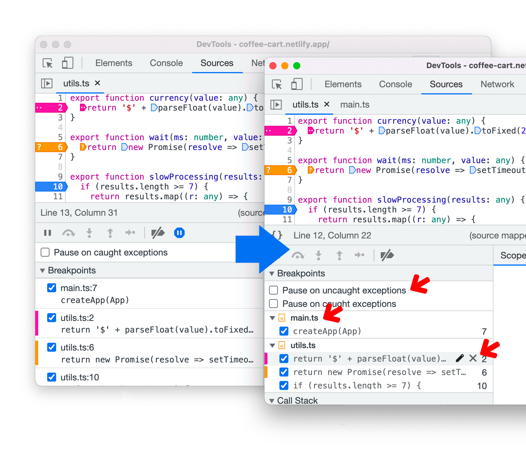 Mostrar o painel de ponto de interrupção antes e depois da reformulação.