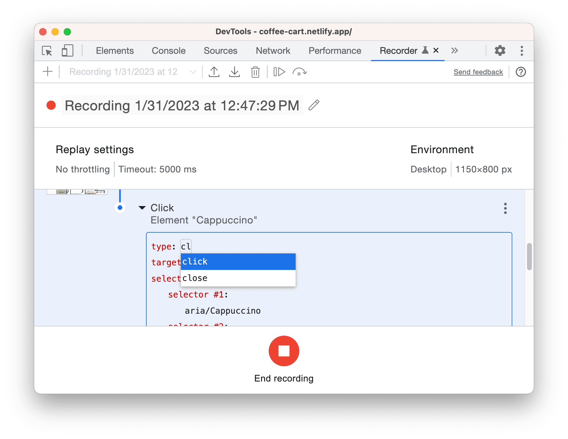 Bearbeitung während der User Flow-Aufzeichnung.